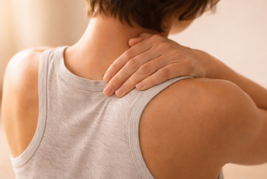Woman experiencing neck pain and back pain, which can be treated by Softwave TRT.